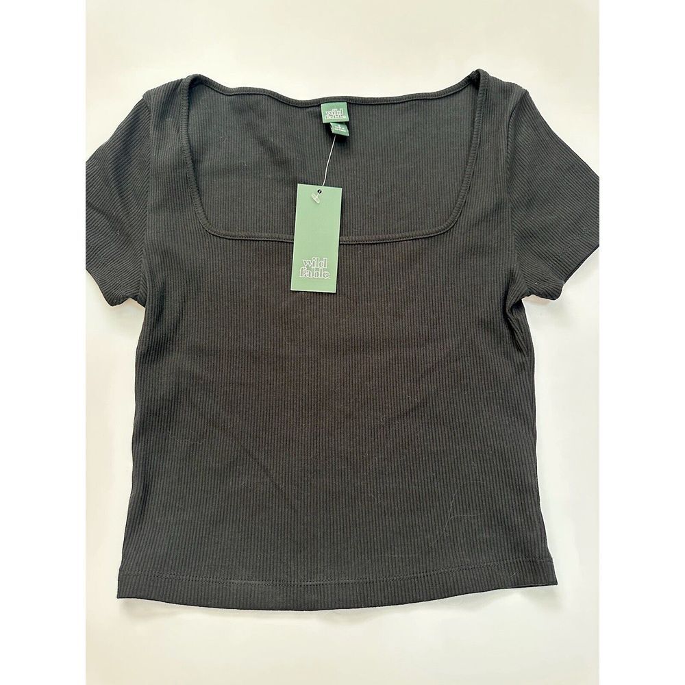 Wild Fable NWT Women's S Black Ribbed Short Sleeve Henley Crop Shirt